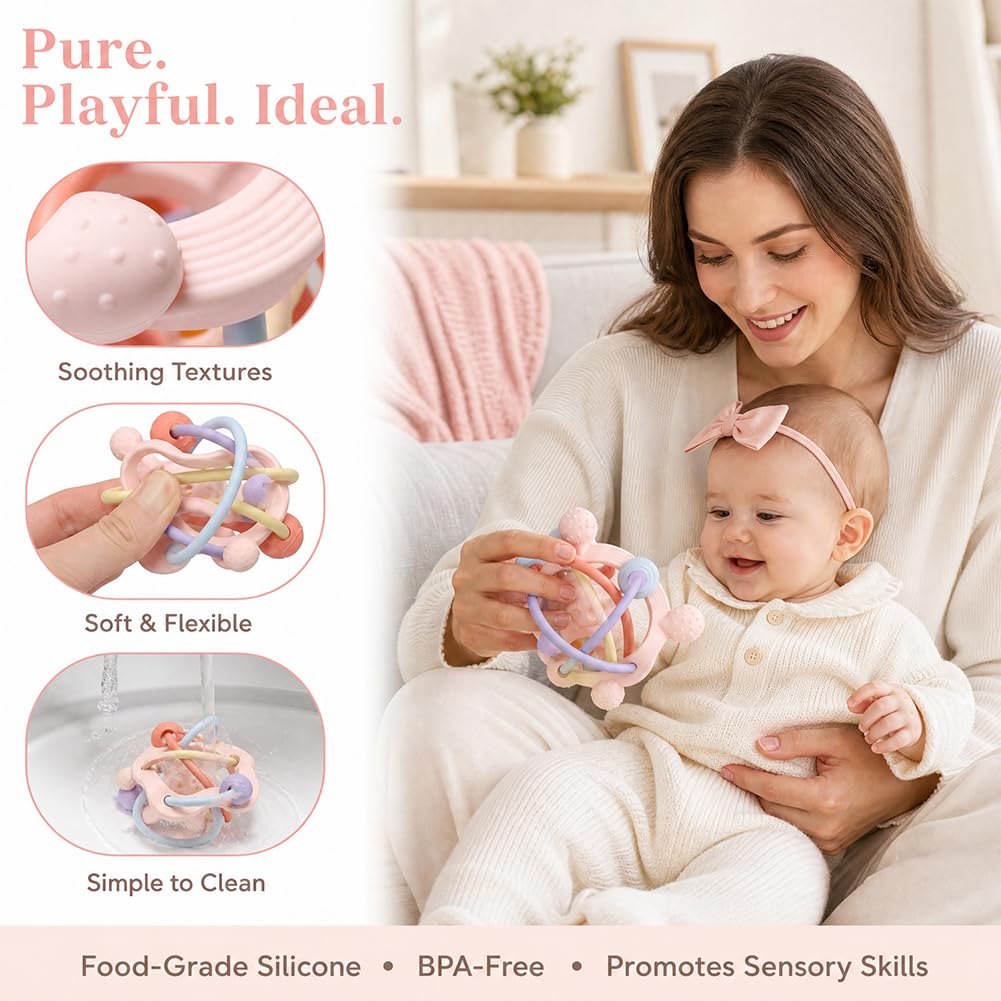 Juguete Mordedor Pelota Bebé, Juguetes Sensoriales para La Dentición Juguete de Denticion Sonajero para Bebe Juguetes Educativo Temprano Montessori para Bebés de 3 a 18 Meses(Rosa)