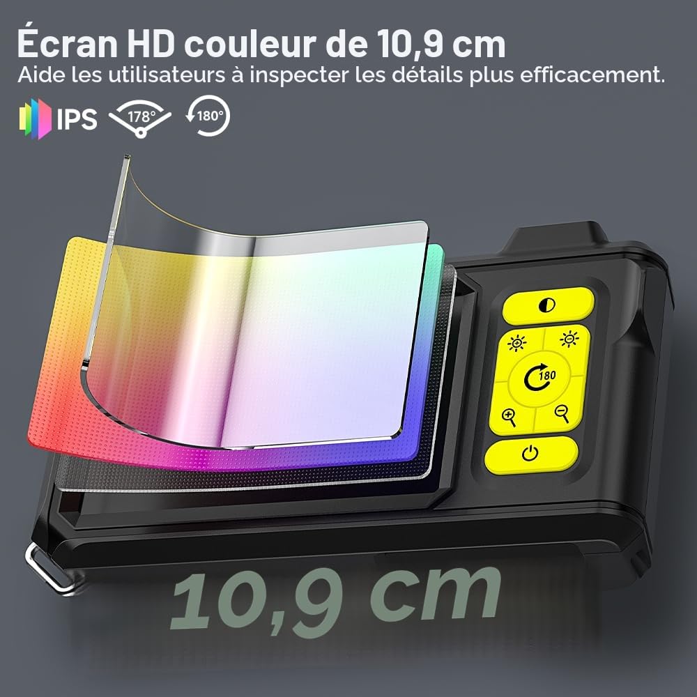 Endoscope HD 1080P avec 8 LEDs, Caméra d'Inspection 4,3" IP67 étanche, Câble Semi-Rigide 5m - Idéal pour Mécanique Auto/Plomberie
