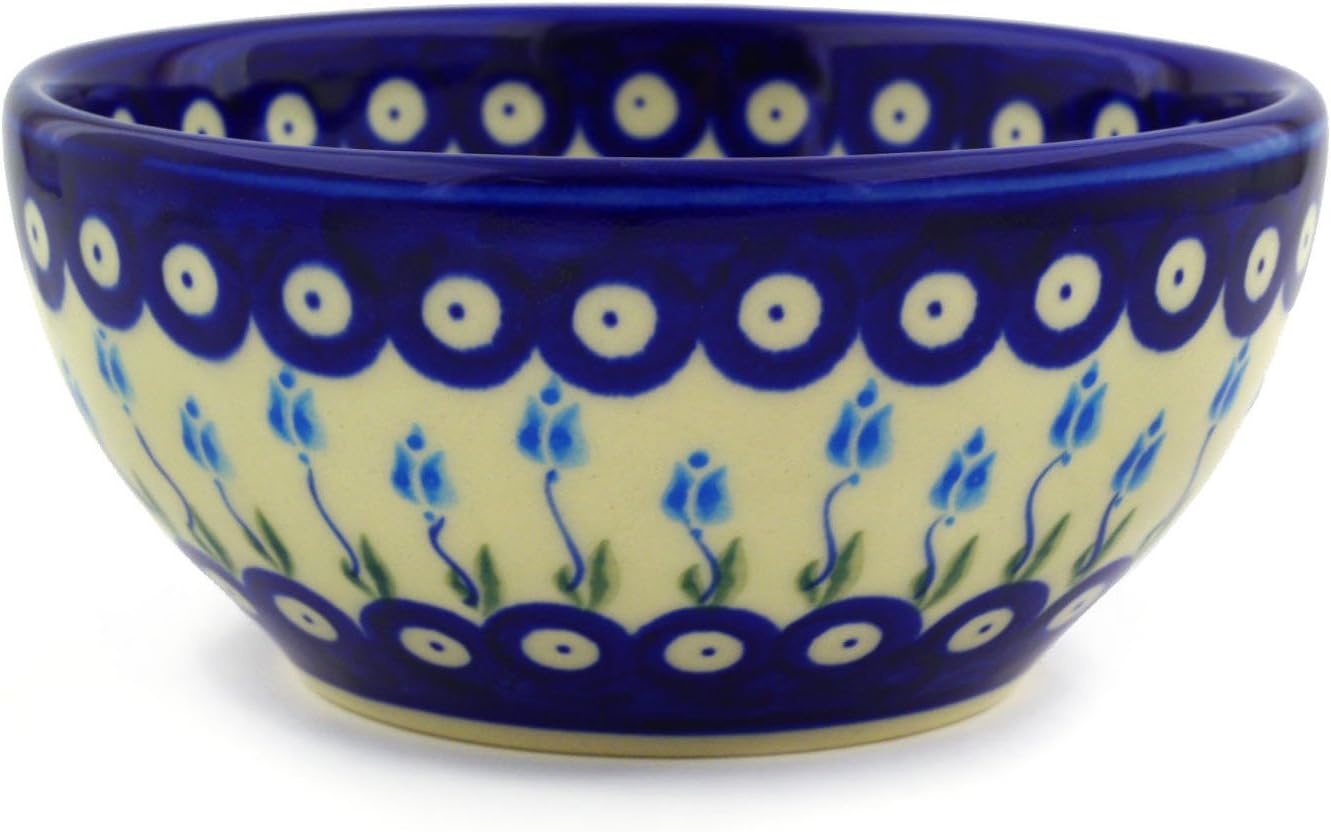 Polmedia Polish Pottery Bowl 6-inch - Peacock Tulip Garden Pattern Handmade in Boleslawiec Poland by Ceramika Bona + Certificate of Authenticity