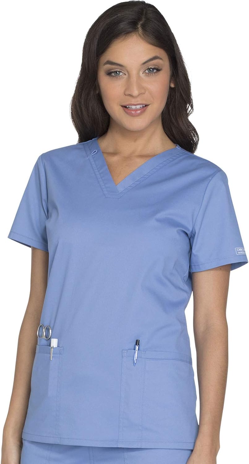 Cherokee Women's Scrub Set 3 Pockets V-Neck Top WW630 With 4 Pocket Mid Rise Drawstring Cargo Pant 4044