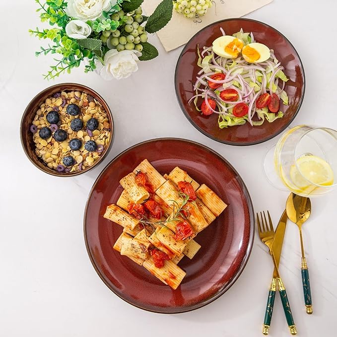 Image of LeRatio Ceramic Dinnerware Sets for 6,Stoneware Plates and Bowls Sets,Handmade Reactive Glaze Dishes Set,Chip Resistant and Scratch Resistant | Oven&Dishwasher & Microwave Safe,Service for 6-Red