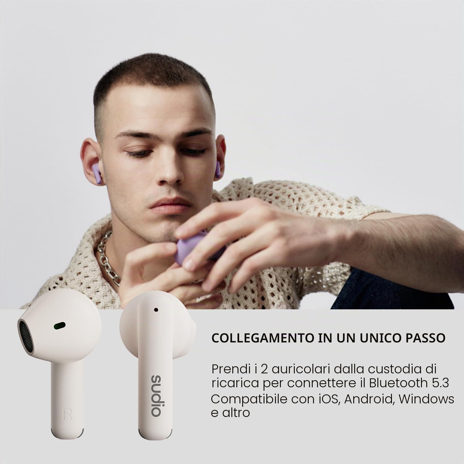 Sudio A1 Snow White, Auricolari con Bluetooth, Touch Control con base di ricarica wireless compatta IPX4, cuffie silenziose con microfono integrato, Premium Crystal Sound