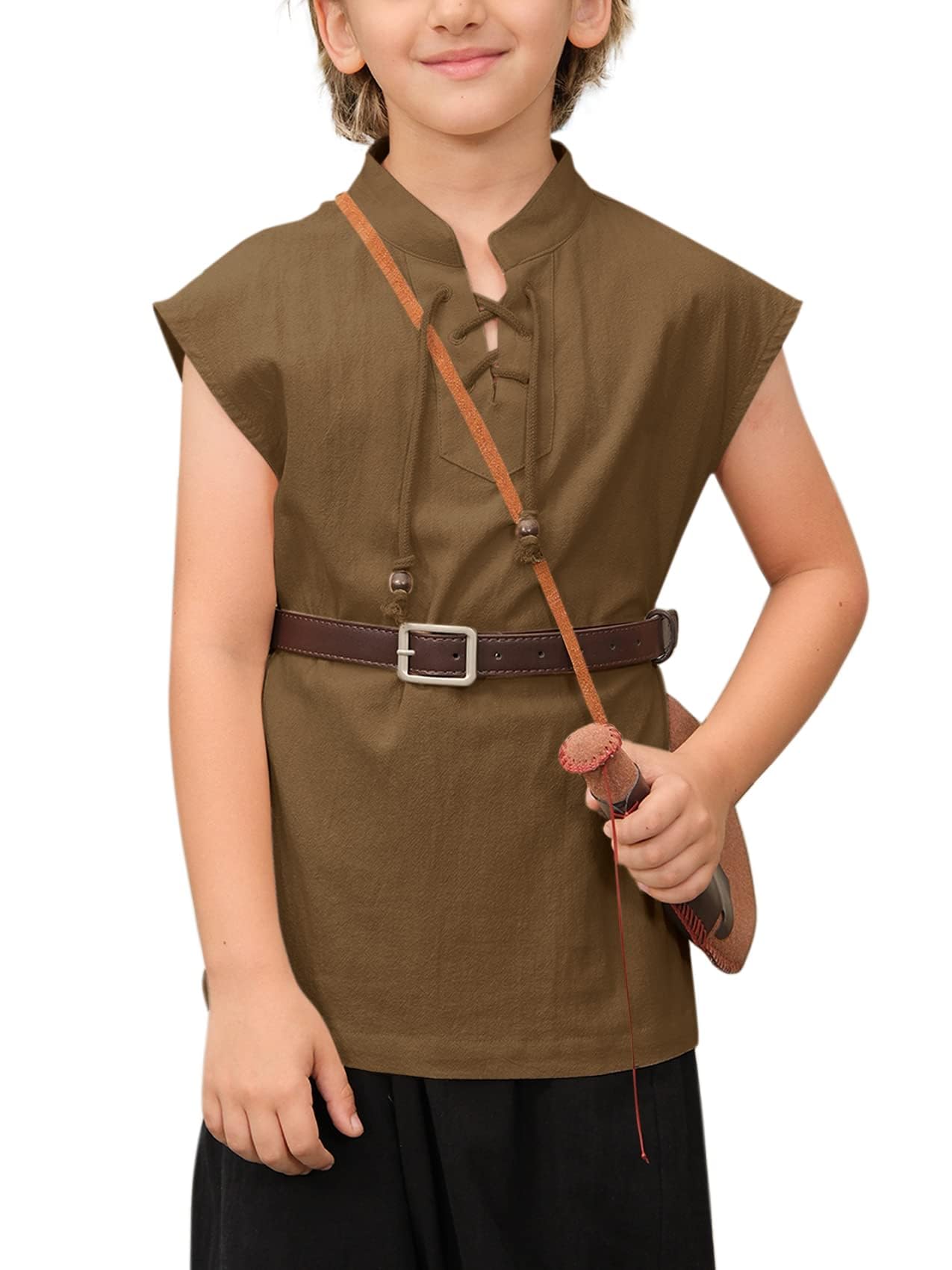 Haloumoning Boys Renaissance Pirate Sleeveless T Shirts Kids Viking Medieval Lace-up Shirt Scottish Costume Tank Tops,Brown,4-6 Years