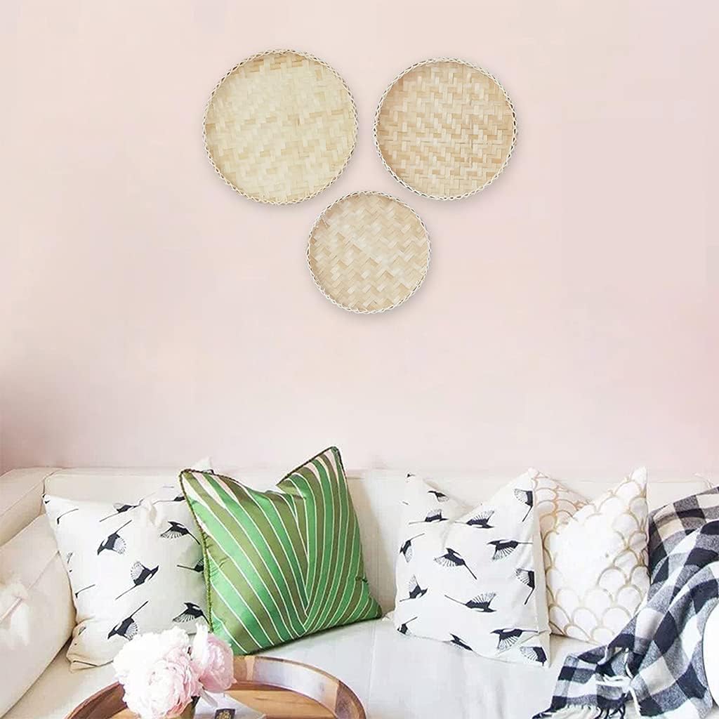 Of 3 Wall Baskets, Round Decorative for Keys Jewelry Storage, Natural Woven African