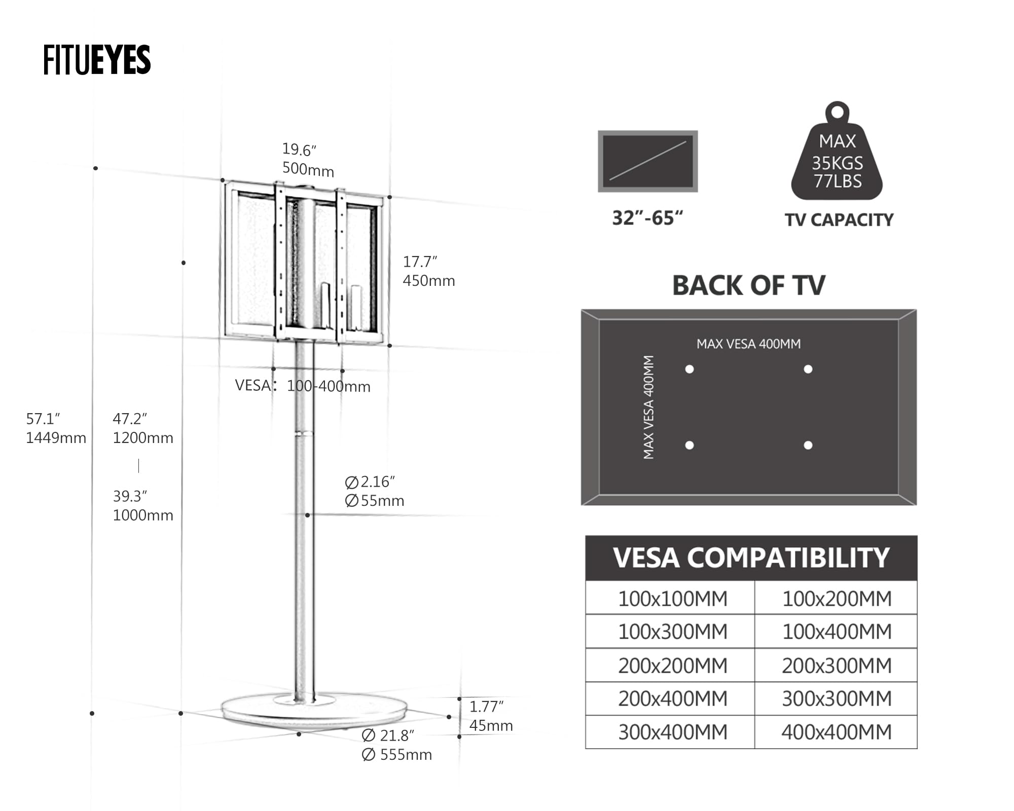 FITUEYES Design TV Ständer Rollbar für 32-65 Zoll Fernseher Mobiler TV Standfuss höhenverstellbar Modern minimalistisch Fernsehständer für Wohnung Büro Heim