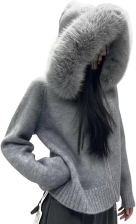 Faux Fur Hooded Knit Cardigan for Women Cute Core Zip Up Cardigan Long Sleeve Winter Outerwear