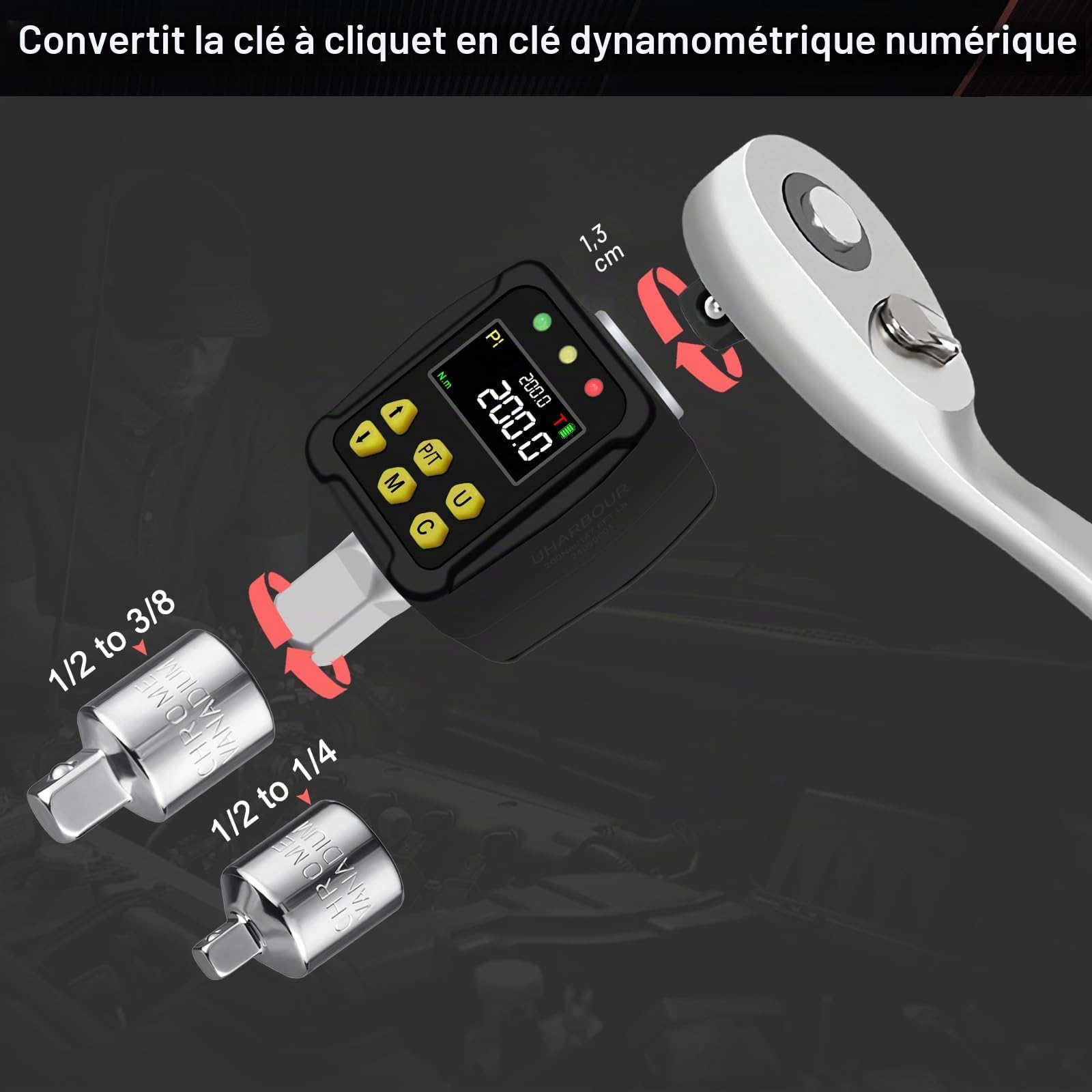 Adaptateur Dynamométrique Numérique 1/2" 10-200 Nm, Clé Dynamométrique Numérique avec Écran LCD, Mode PEAK/TRACK, Buzzer et Affichage LED, Précision d'Erreur ±2% pour Voiture, Vélo, Moto