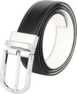 Mens Reversible Leather Belt, Black White Dress Casual Belt, 1.3" Wide Trim to Fit, Rotating Buckle, Gift for Men