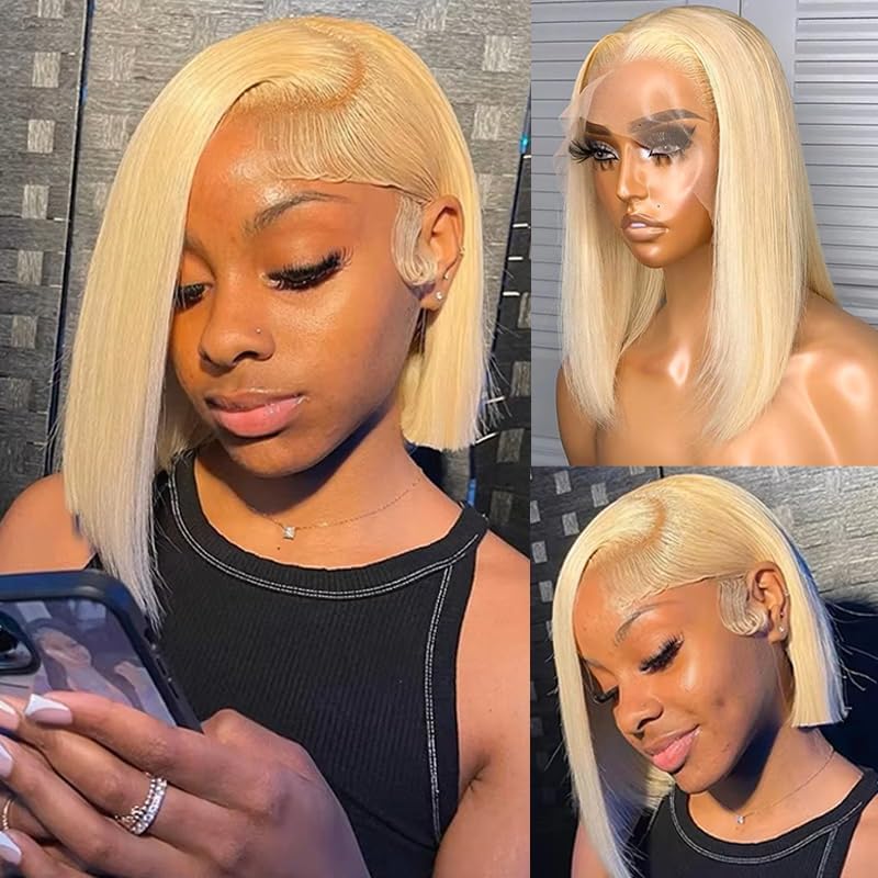 Amazon.com : 613 Blonde Bob Wigs Human Hair Straight 13x4  display picture 2