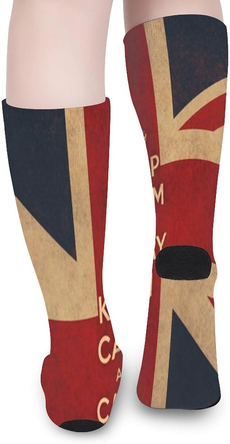 Keep Calm And Carry On UK Flag Knee High Socks Athletic Long Stockings Sport Casual Crew Tube Sock Boot