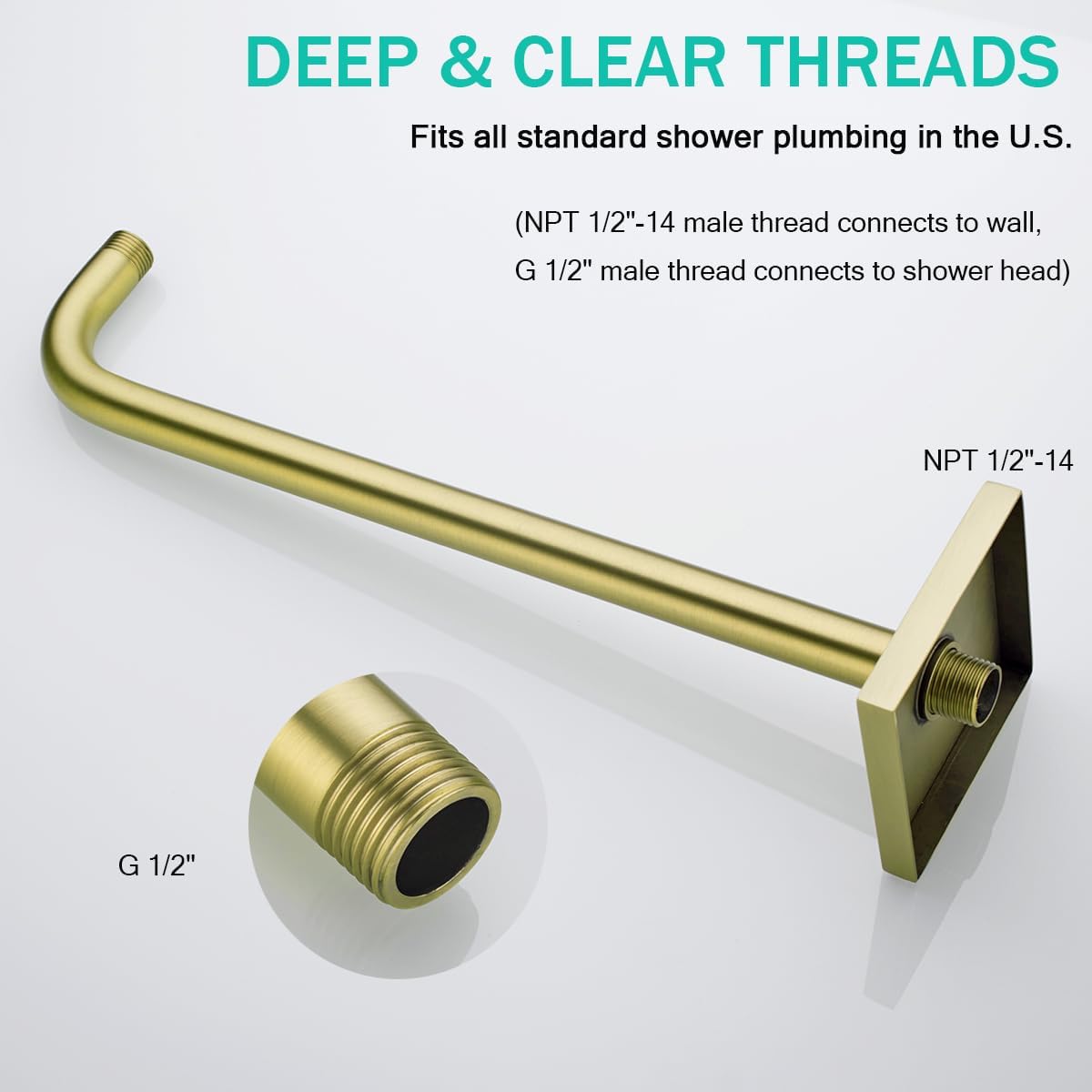 Shower Arm with Flange, 16 in Brushed Gold Stainless Steel Shower Arm Extension Wall-Mounted For Fixed Shower Head,Rain Shower Head Extender,SE-91018-16BG-SQ