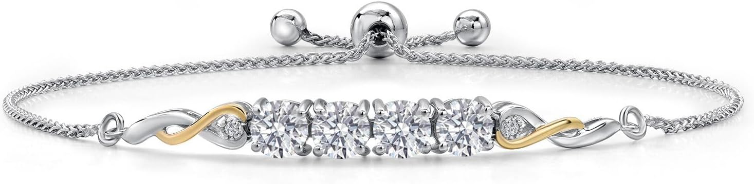 Gem Stone King 2.02 Cttw 925 Silver and 10K Yellow Gold Lab Grown Diamond Bracelet For Women | Gemstone April Birthstone | Round 5MM | E-F Color | VS Clarity | Fully Adjustable 9 Inch