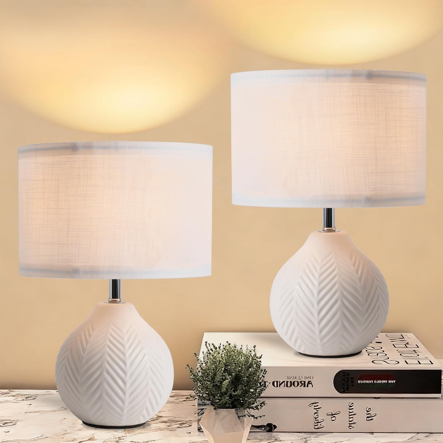 Modern Ceramic Table Lamps Set of 2, Leaf Patterned Ceramic Desk Lamp Small Bedside Lamp with Linen Shade, Mid Century Modern Nightstand Lamp for Bedroom Living Room Reading Room
