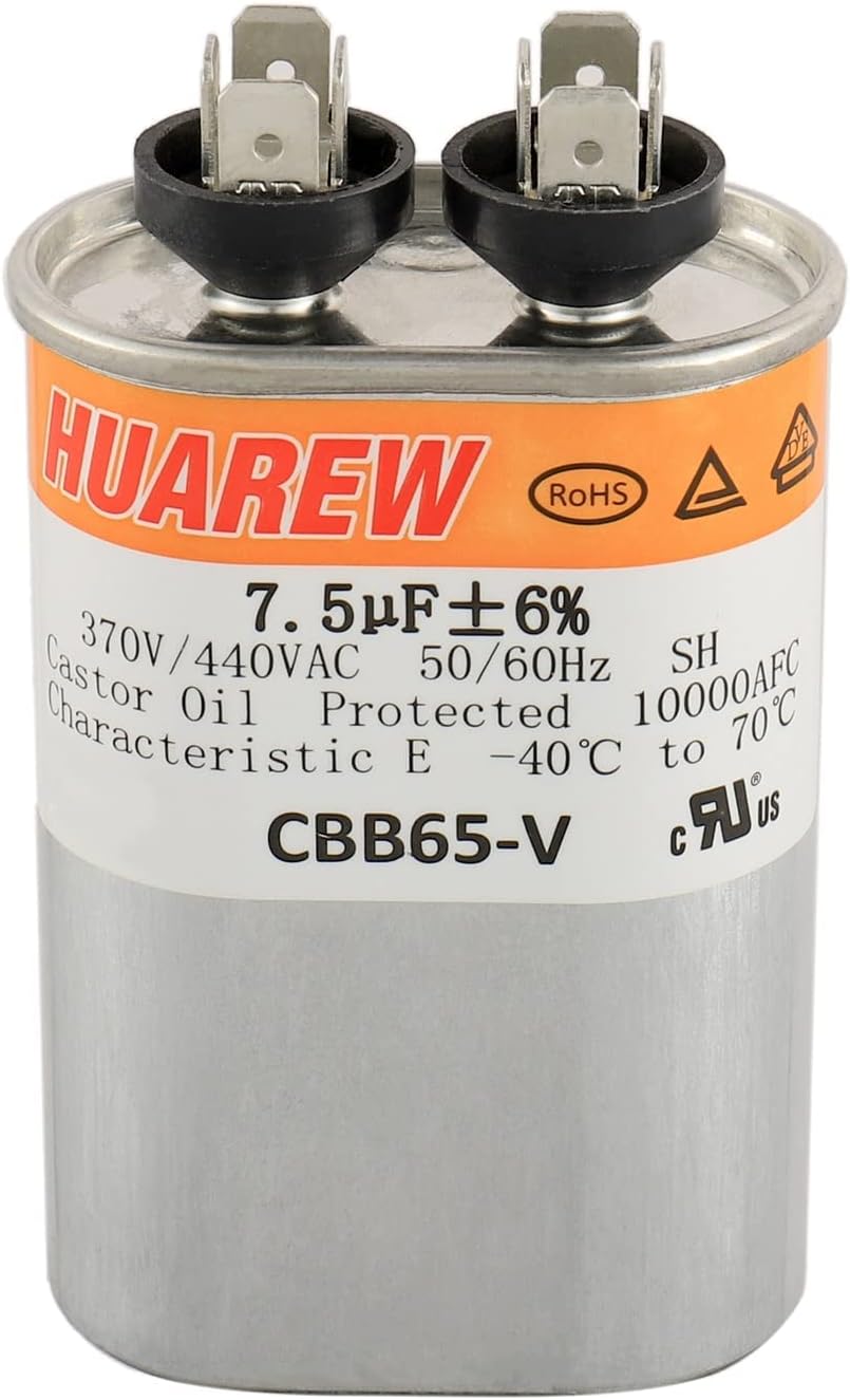 7.5 uF MFD ±6% 370/440 VAC CBB65 Oval Run Start Capacitor for Fan Start and Cool or Heat Pump Air Conditione or AC Motor Run