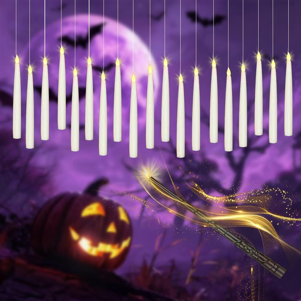 12 Pcs Floating Candles with Wand, LED Flickering Warm Light Magic Deco Candle, Flameless Taper Candles Battery Operated for Halloween Party Decor with Wand Remote Candle Wand Remote