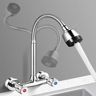 Grifo de cocina montado en la pared de cobre, grifo mezclador frío caliente con boquilla giratoria de 360° y válvula de cerámica, ajustable 13-17 cm, plateado (C)