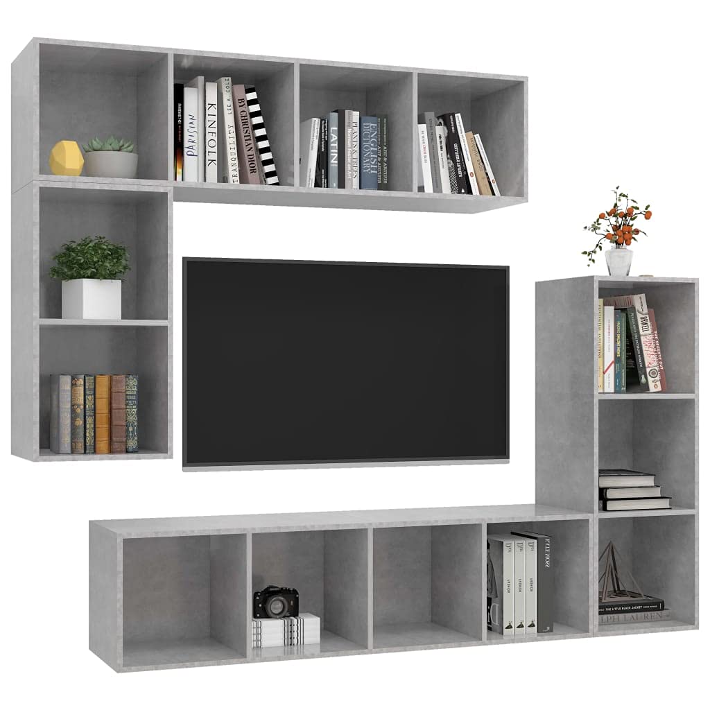 4-TLG. TV-Schrank-Set, Betongrau Holzwerkstoff, Modernes Media-Center für Wohnzimmer, Wandmontage, Viel Stauraum, 37x37x142,5 cm