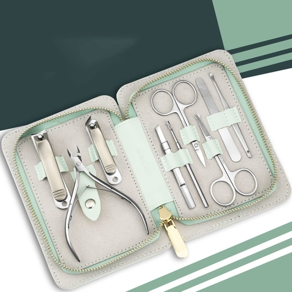 Juego de manicura, Juego de uñas, Juego de uñas de acero inoxidable de 9 piezas Juego de uñas de pedicura profesional for el hogar Juego de belleza de viaje portátil con bolsa de moda portátil Kit de