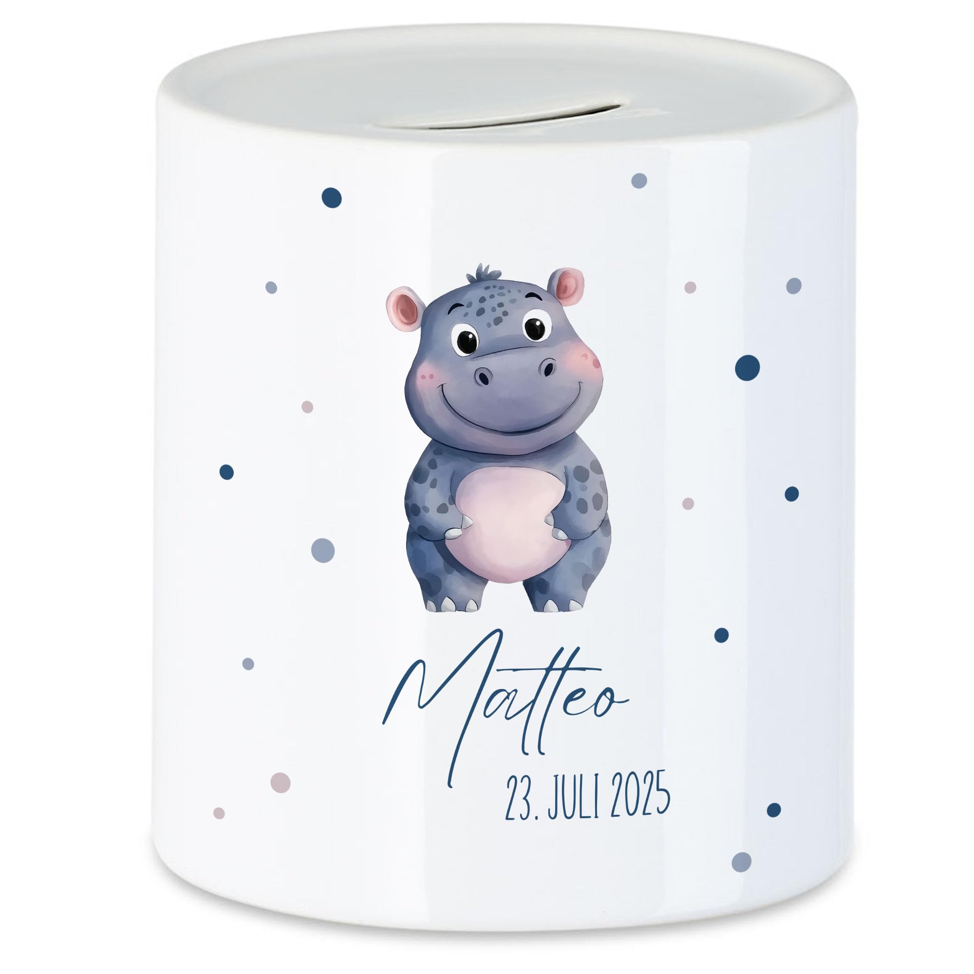 Spardose Kinder mit Namen Personalisiert, Tiermotiv Nilpferd Geschenk für Mädchen & Junge Geburtstag, Weihnachten, Geburt und Taufe - Sparschwein Geldgeschenk und Wunscherfüller