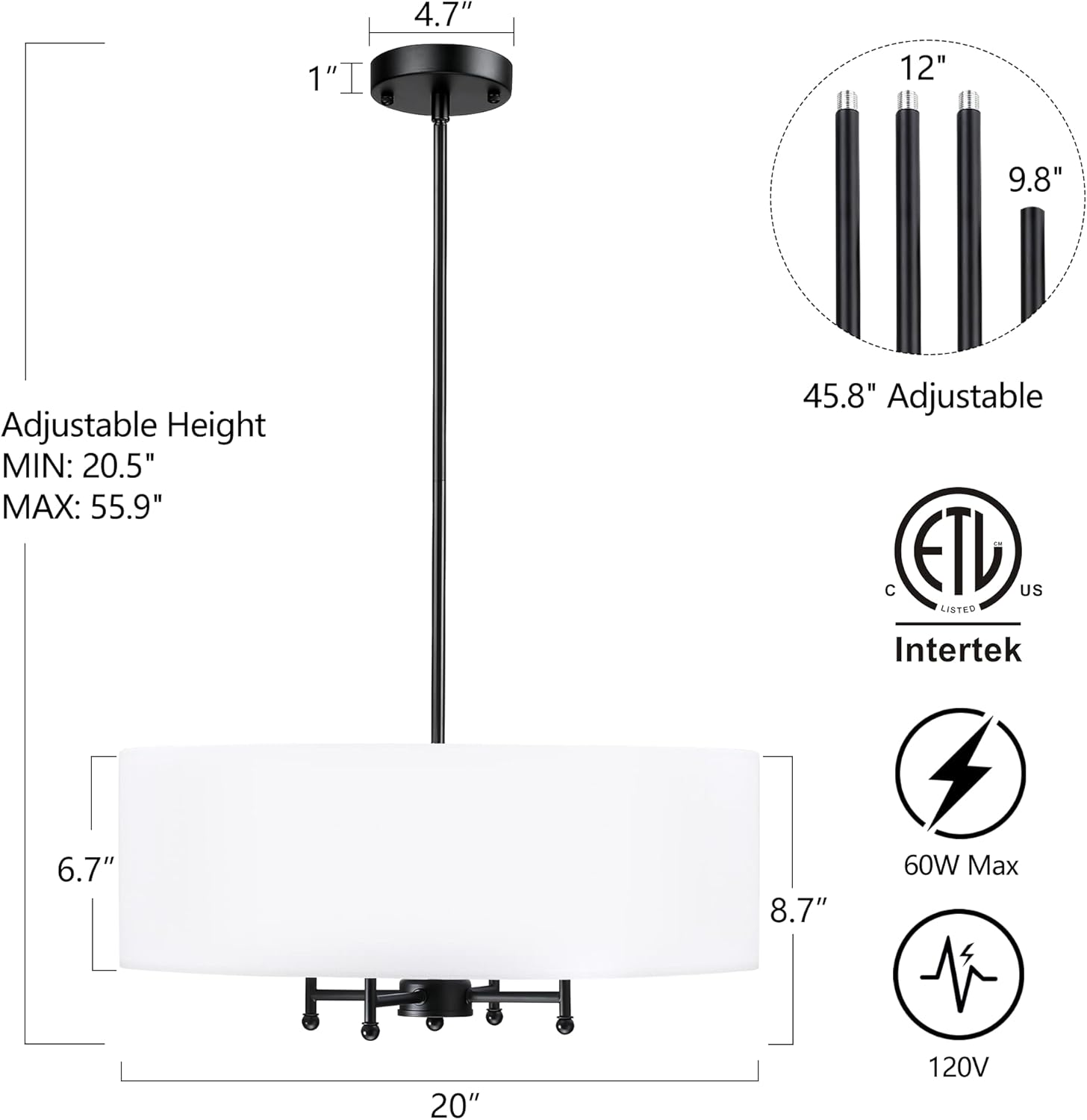 20" Black Modern Drum Chandelier, 4-Light Hanging Ceiling Chandeliers with White Fabric Shade, Adjustable Height Pendant Lights, Farmhouse Light Fixture for Dining Room, Bedroom, Living Room