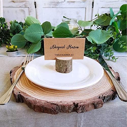 Place Card Holders, Rustic Real Wood with Wooden Bark Table Card Holder, Number Photo Stand Place Name Memo Card Holder for Wedding Party (30 Holders+30 Kraft Paper)