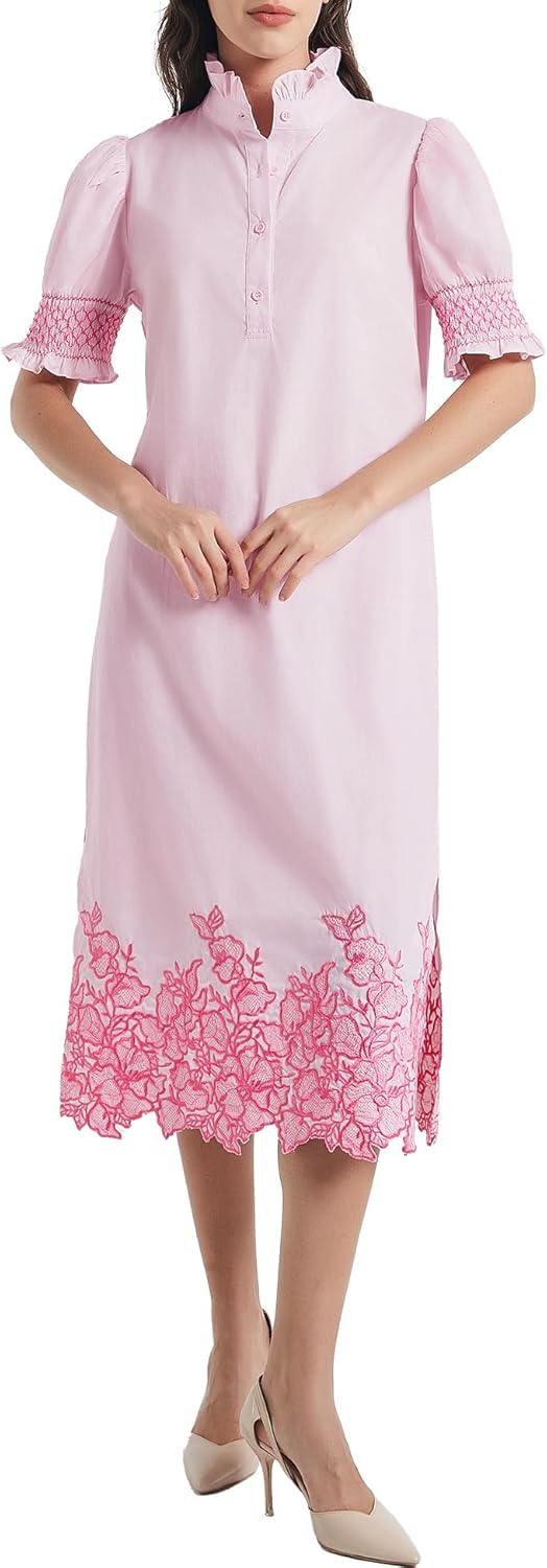 Womens Casual Shirt Dress Button Down Short Sleeve Midi Dress Flower Embroidery Slit Spring Summer Fall Fashion Dresses