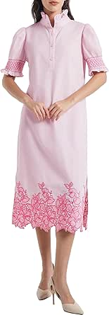 Womens Casual Shirt Dress Button Down Short Sleeve Midi Dress Flower Embroidery Slit Spring Summer Fall Fashion Dresses