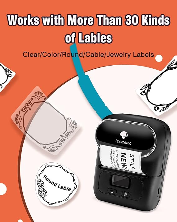 Phomemo Label Maker Set- with 1 50x50mm Round Label, M110S Bluetooth Thermal Printer for Business, Office, School, Home-use, Clothing Labels, Black