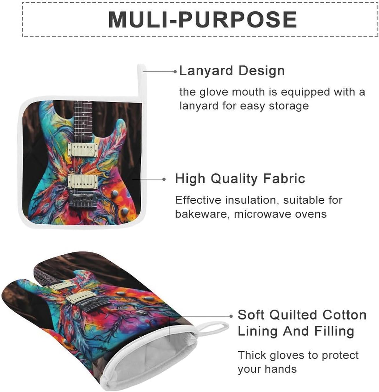 Colorful Rock Musical Guitar 4 Pcs Oven Mitts and Pot Holders Set High Heat Resistant Long Kitchen Oven Glove Potholders
