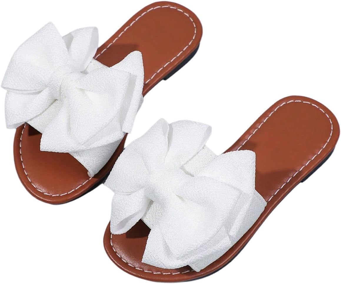 GORGLITTER Girl's Summer Slides Sandals Cute Fashion Trendy Vacation Bow Round Open Toe Dress Flat Sandals