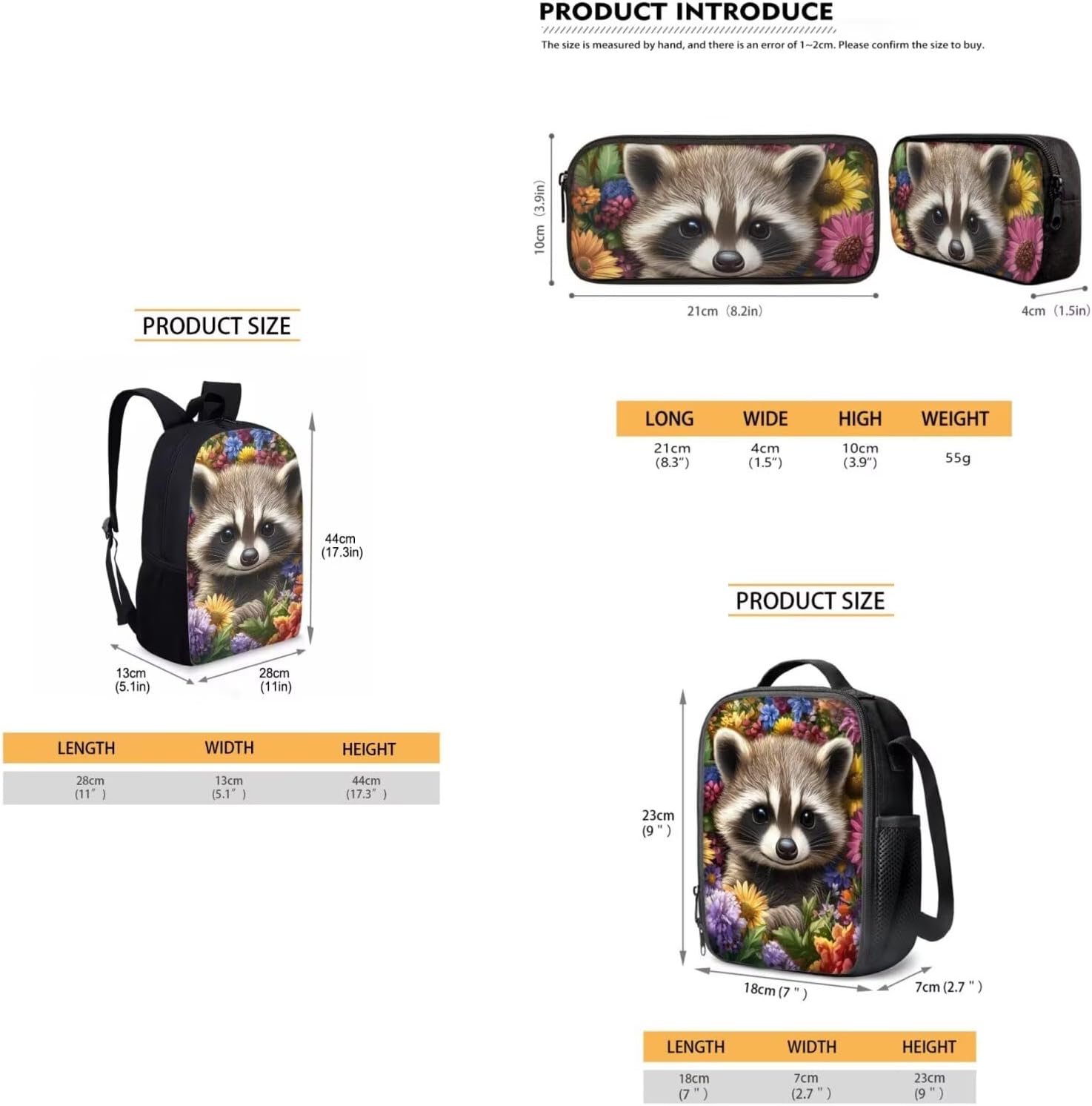 Cute Raccoon Kids Bookbag with Lunch Box Girls 4-6 Adjustable Strap Backpack for School Kids Girls Large Capacity School Bag Set for Preschool Kindergarten Casual Travel Backpacks for Travel