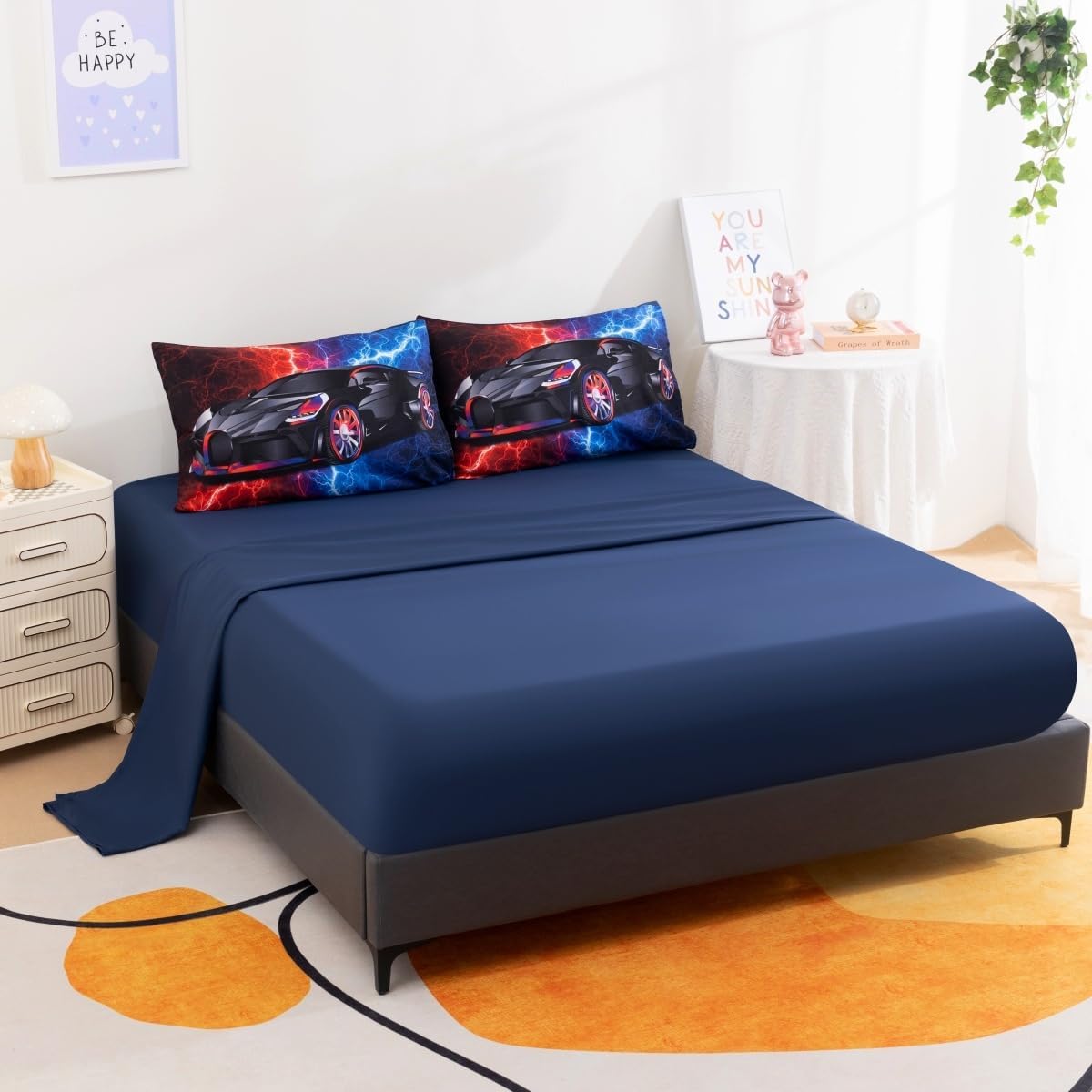 Podol 5 Pieces Race Car Comforter Set Full Size Red and Blue Sports Car Bedding Sets for Boy Tie Dye Lightnings Bed in a Bag with 1 Comforter, 2 Pillowcases, 1 Flat Sheet and 1 Fitted Sheet - Image 2