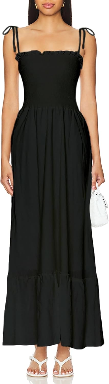 Women's Summer Maxi Dress 2025 Casual Boho Sleeveless Spaghetti Strap Smocked Tiered Long Beach Sundresses