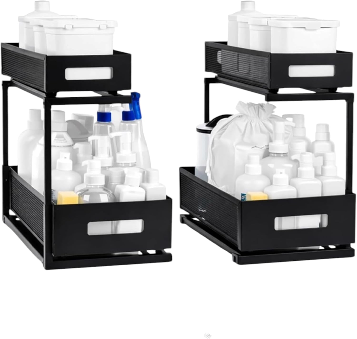 Under Sink Organizer Set of 2, Heavy Duty Matte Black Metal Cabinet Organizer with Retractable Shelves, Adjustable Height, Expandable Storage for Kitchen Bathroom and Laundry Room