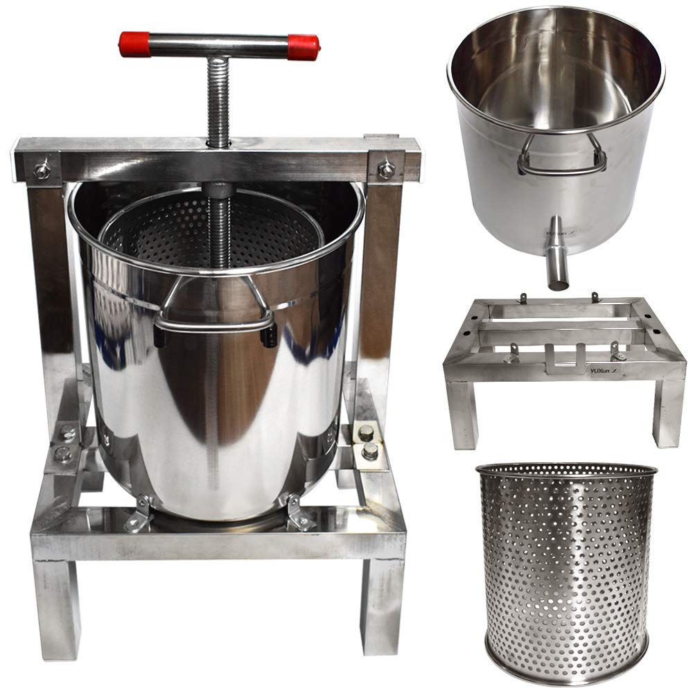 Prensador manual de miel para apicultura, sidra y vino con barril de 20 L y colador de acero inoxidable