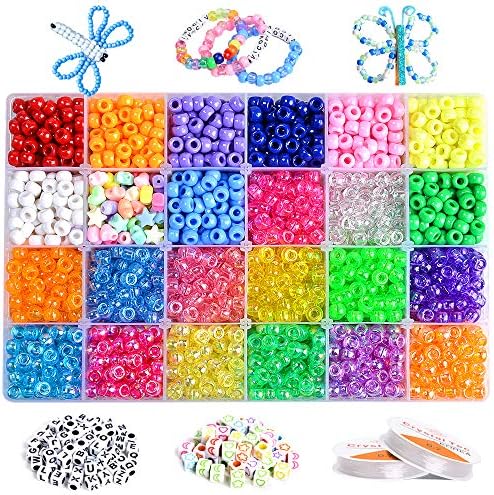 VICOVI 3640+pcs Pony Beads Kit for Bracelet Jewelry Making, Hair Beads, Include 23 Colors Rainbow Beads(9mm), 520 Letter Beads, 50 Color Beads, 90 Heart & Heart Beads and 2 Rolls Elastic String.