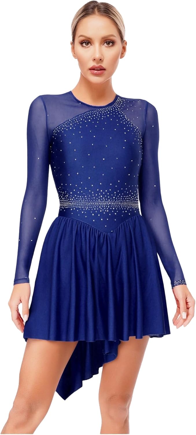 Hedmy Women's Figure Ice Skating Dress Long Sleeve Rhinestones Roller Skating Lyrical Dance Costume