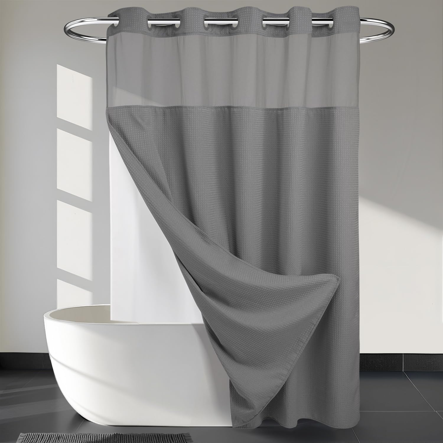 River Dream No Hooks Required Waffle Weave Shower Curtain with Snap in Liner - 71W x 74H,Hotel Grade,Spa Like Bath Curtain,Gray