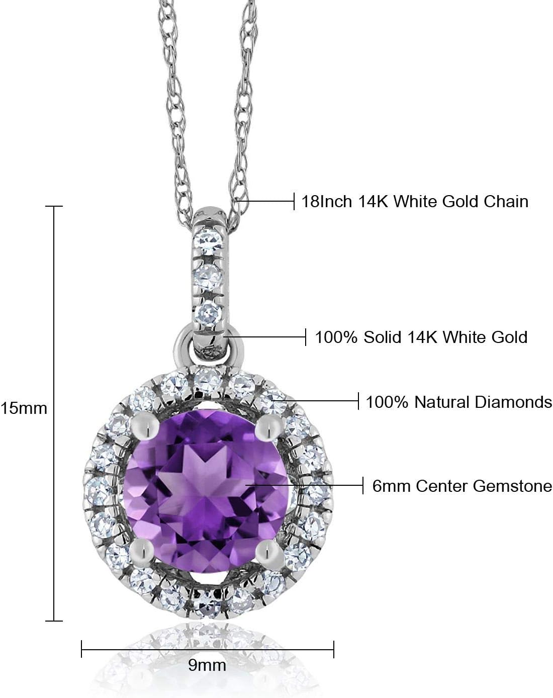 Gem Stone King 14K White Gold Purple Amethyst and White Diamond Pendant Necklace For Women (0.87 Cttw, Gemstone Birthstone, Round 6MM, with 18 Inch Chain)