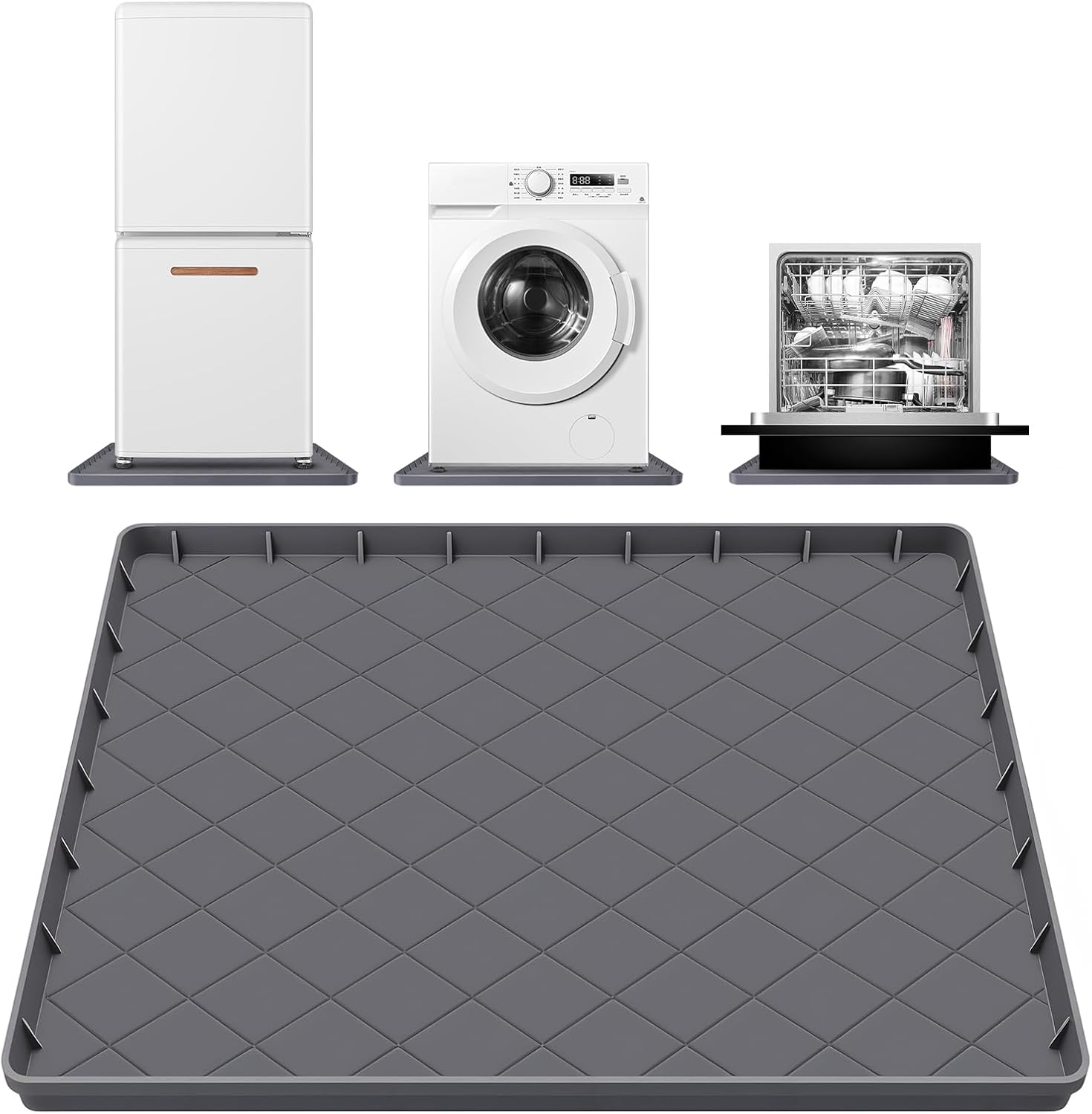 Large Thickened Washing Machine Mat 32" x 30" Silicone Under Washer and Dryer Drain Pan Drip Tray Floor Protector Non-Slip Flexible Soft Mat Waterproof Raised Edge 0.98'' Dark Gray