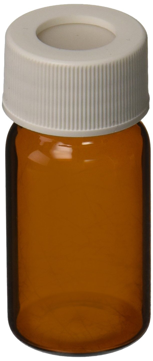 JG Finneran 9A-107 Amber Borosilicate Glass Standard VOA Vial with White Polypropylene Open Top Closure and 0.100" PTFE/Silicone Septa, 24-414mm Cap Size, 20mL Capacity (Pack of 72)