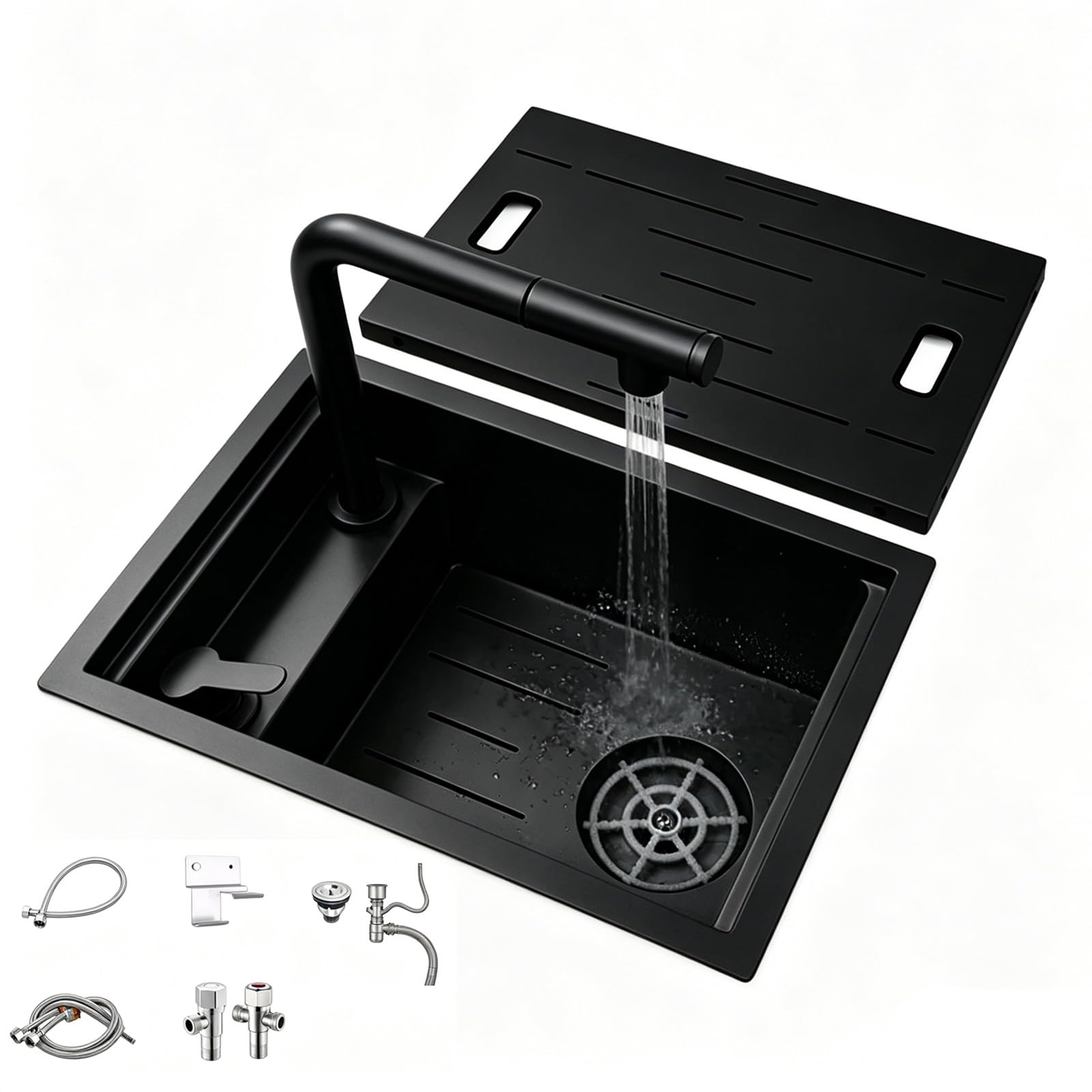 Fregadero RV con grifo elevador, doble cubierta, arandela de vaso, acero inoxidable 304 para cámper, caravana, barco, bar