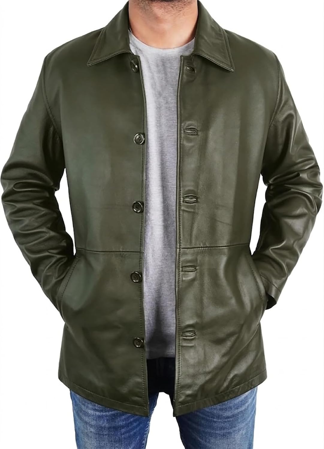 Mens Classic Winter Leather Car Coat 3/4 Length - Button Up Real Lambskin Long Jacket