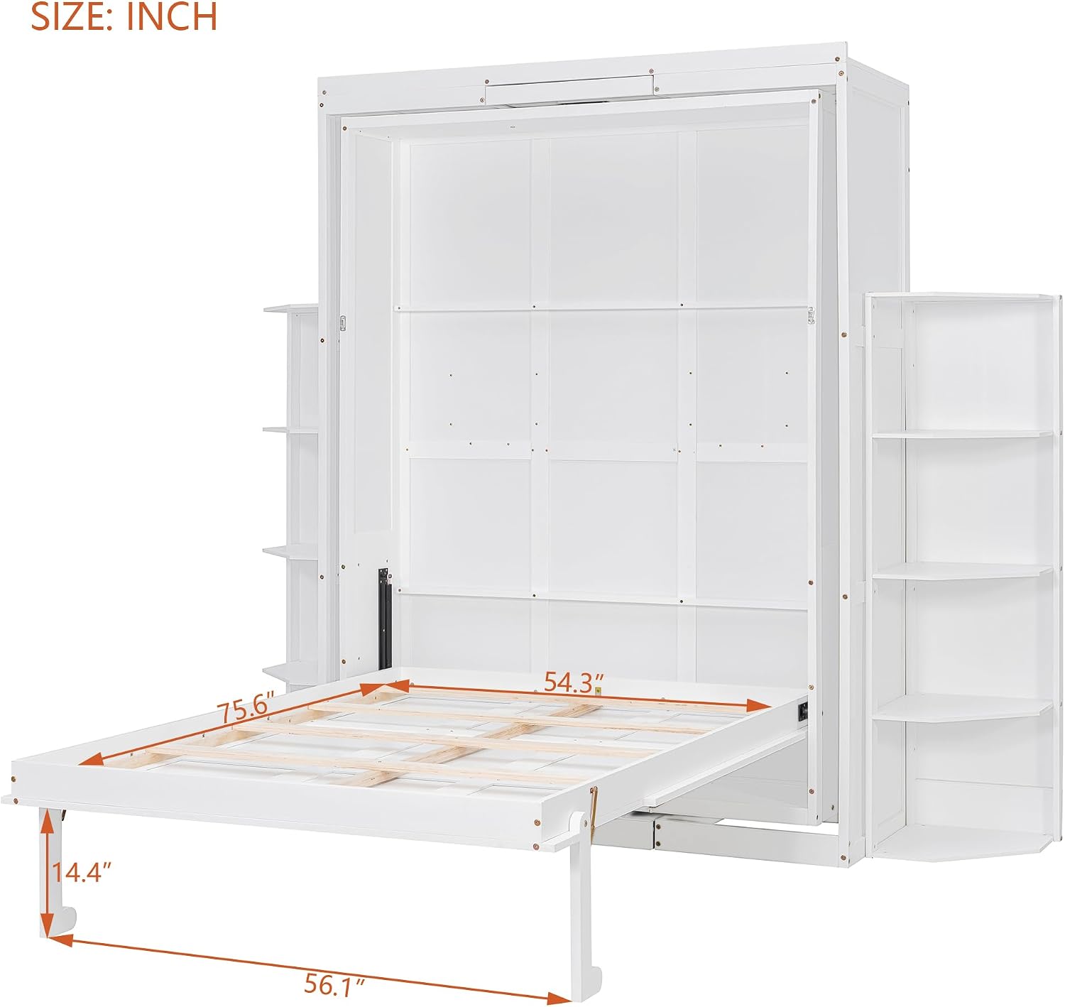Merax Rotating Murphy Bed with Hidden Wall Cabinet, Dual 3-Tier Side Shelves, Convertible Desk, Extra Storage Racks, Space-Saving Multifunctional Wall Bed for Home Office & Small Rooms, Full, White
