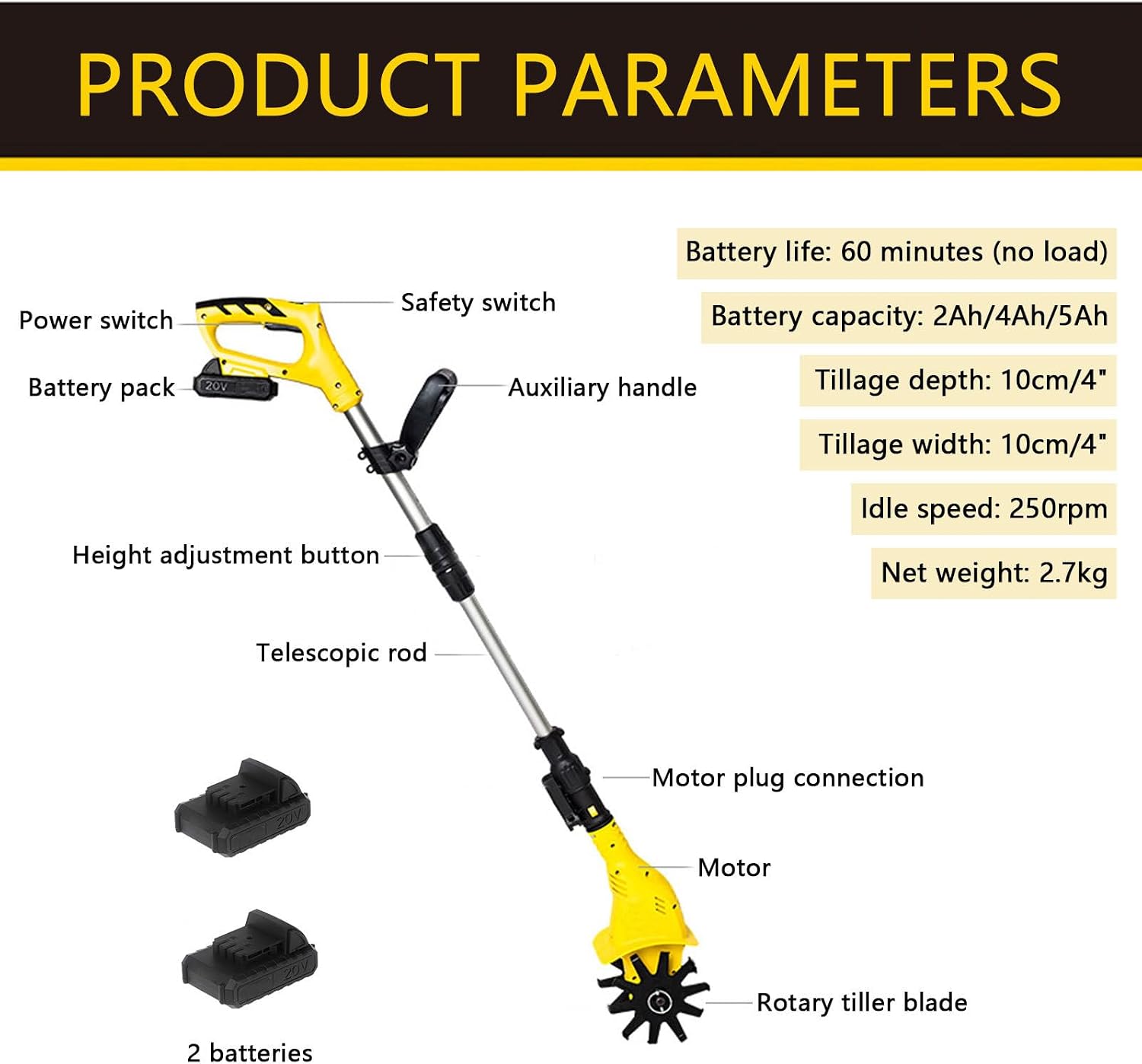 Cordless Tiller Cultivator with Extendable Pole, Mini Portable Rechargeable Battery Powered Tiller Rototillers for Gardening Farm Soil Cultivation 2Battery