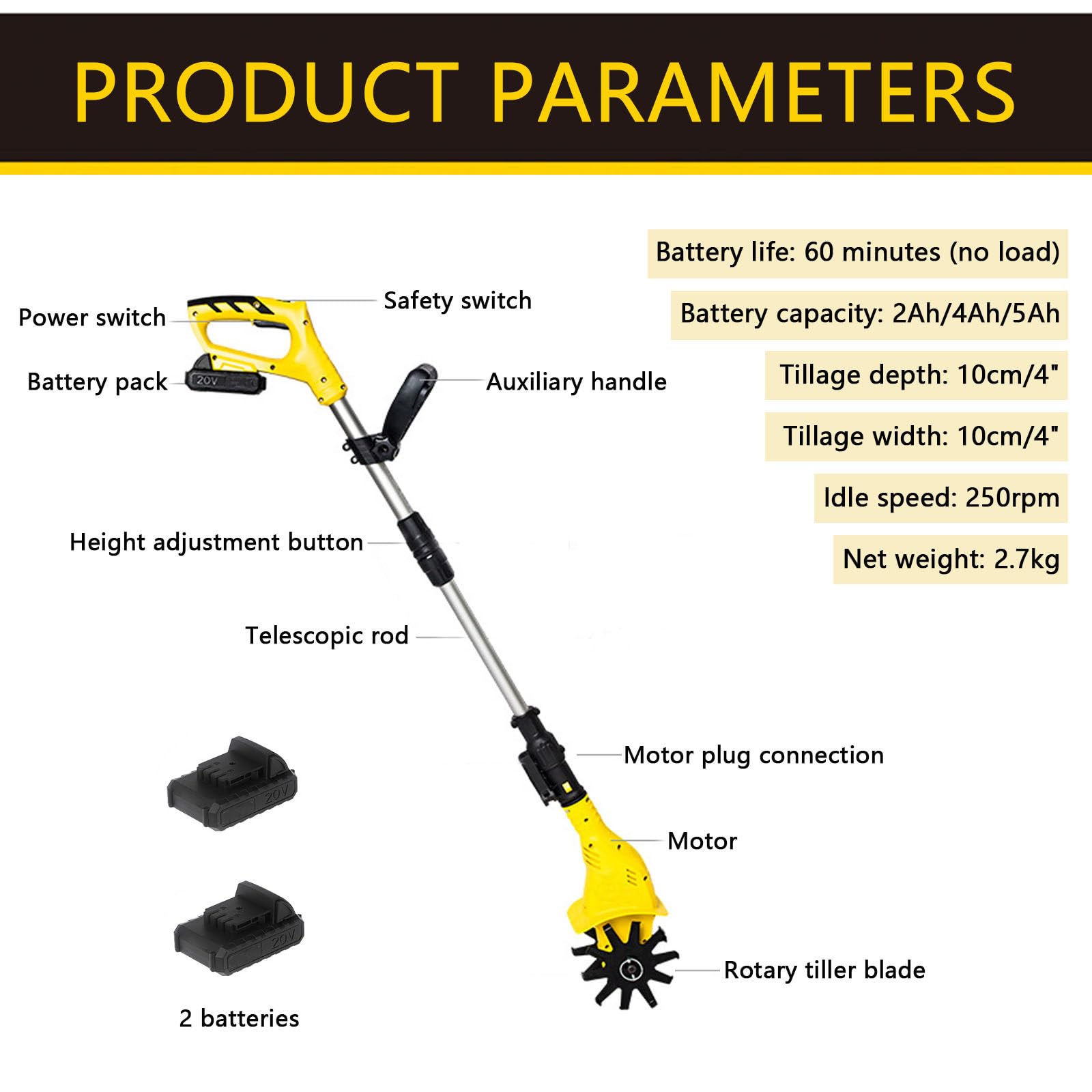 Motoazada inalámbrica 20 V, Pica de Suelo con batería de Litio, Ancho 10 cm, Profundidad 10 cm, Doble Mango ergonómico, para Cultivo de Suelo 1Battery
