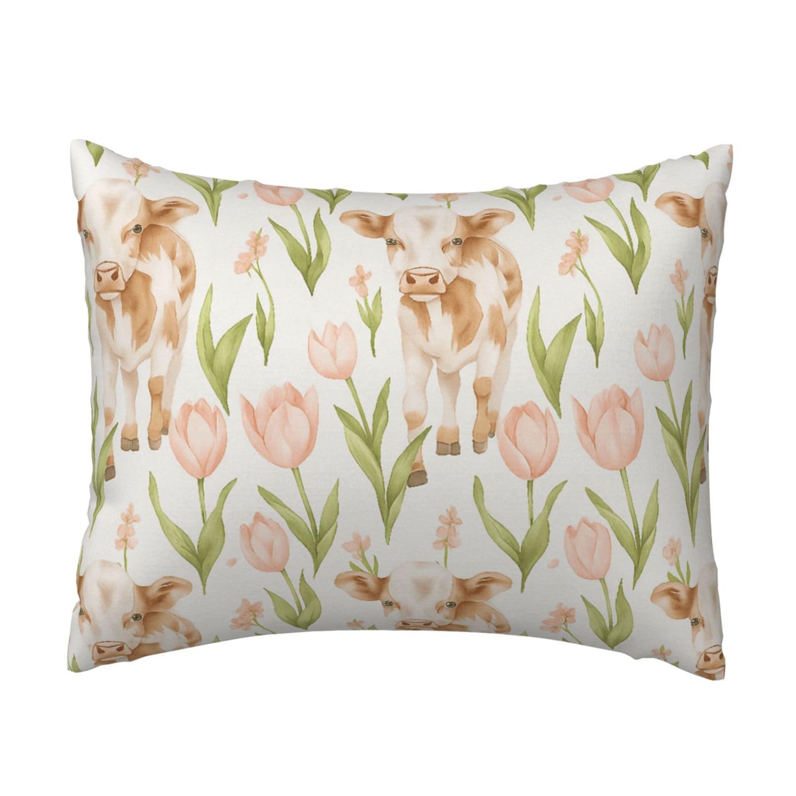 Cute Cow and Pink Tulip Pillowcase Soft Plush with Zipper Decorative Pillowcovers 16x20 in