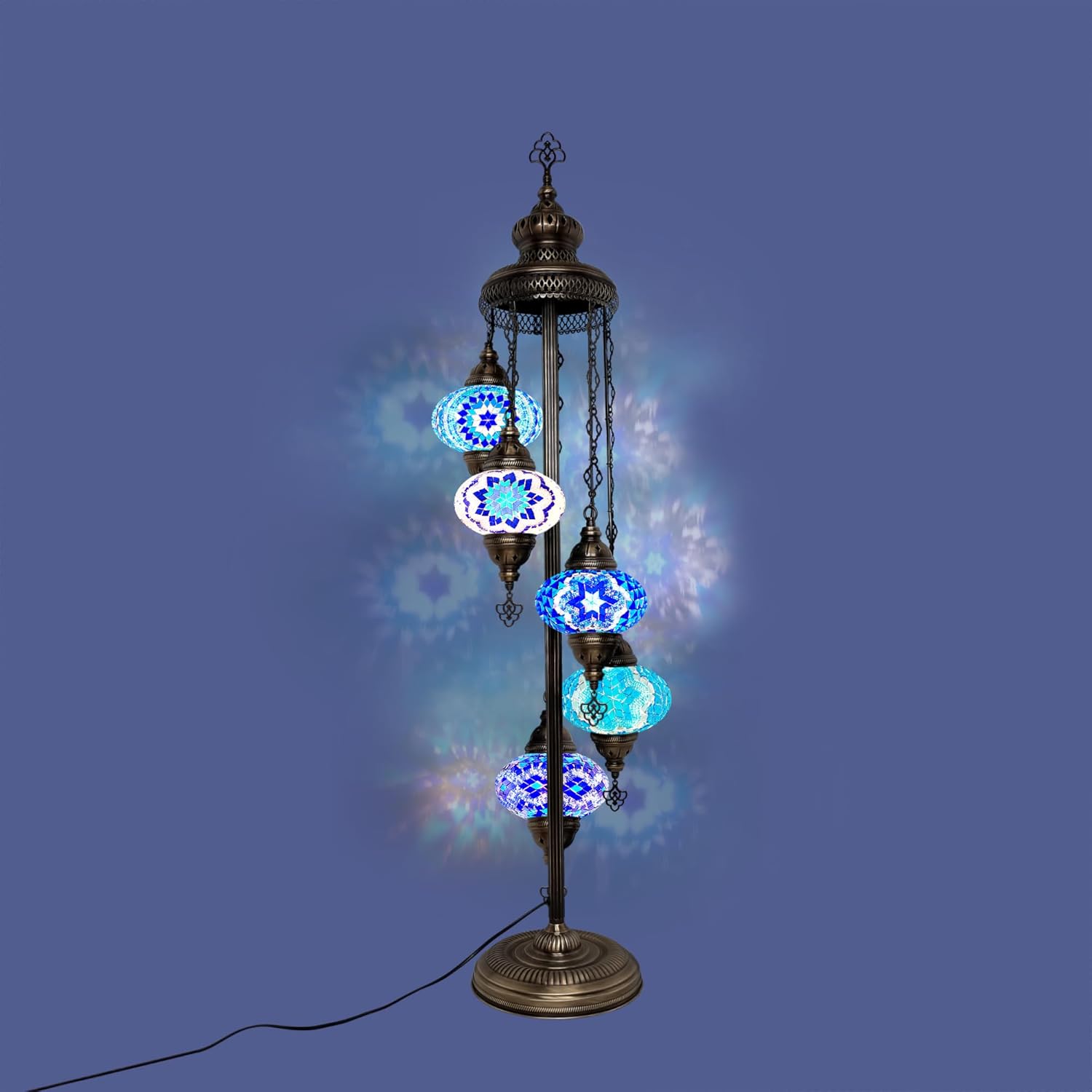 Turkish Mosaic Glass Big 7'' 5 Globe, Bohemian Floor Lamp with Stained Glass Shade - Unique Art Deco Corner Light - Moroccan Design - Tiffany Style Nightstand Lamp for Living Room (Blue Different)