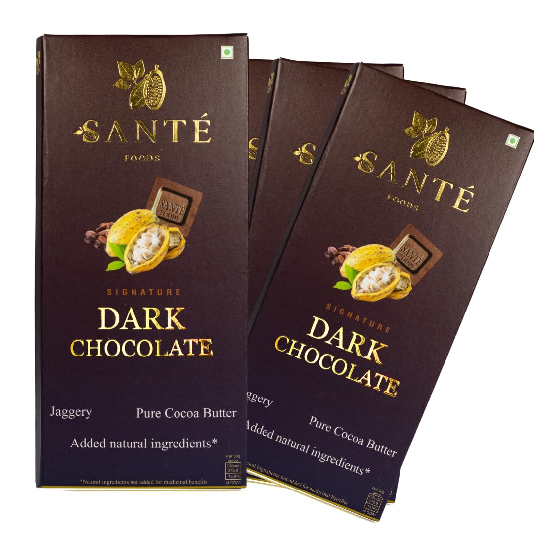 Sante Foods Jaggery Dark Chocolate - Original| Pack Of 4 X 50 Grams | No Added Sugar | Jaggery Sweetened |100% Vegan| Blended With Ayurvedic Herbs (B0C8B83M7K) Amazon Price History, Amazon Price Tracker