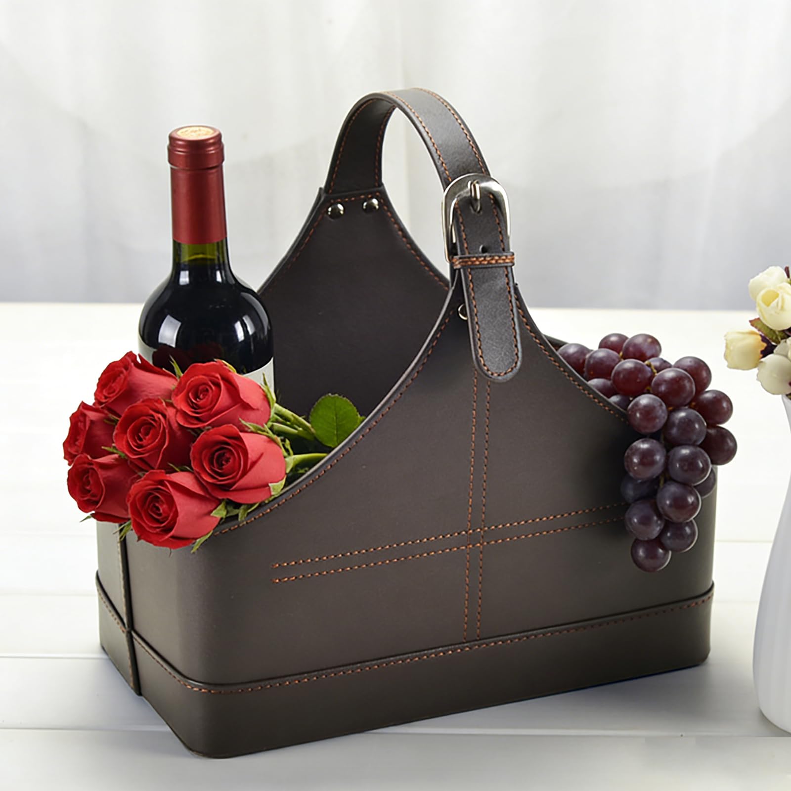Cesta de almacenamiento de cuero, estructura de MDF, soporte para revistas, flores de vino, frutas, con asa superior para regalos de vacaciones (pequeño, café)